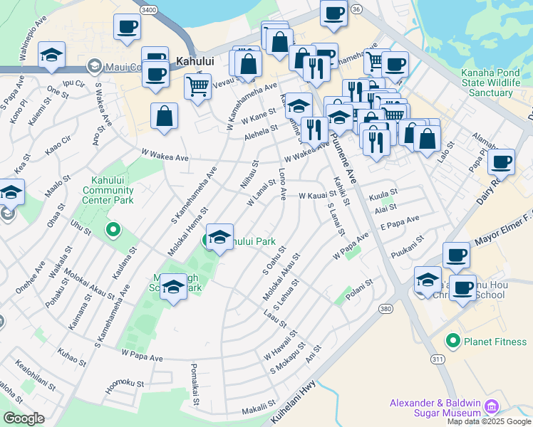 map of restaurants, bars, coffee shops, grocery stores, and more near 209 West Kauai Street in Kahului