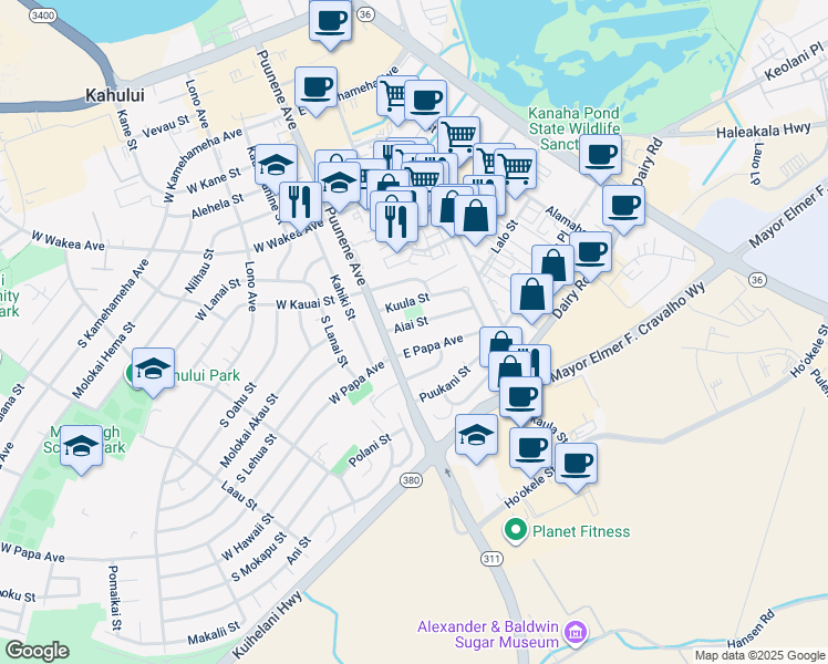 map of restaurants, bars, coffee shops, grocery stores, and more near 38 Aiai Street in Kahului