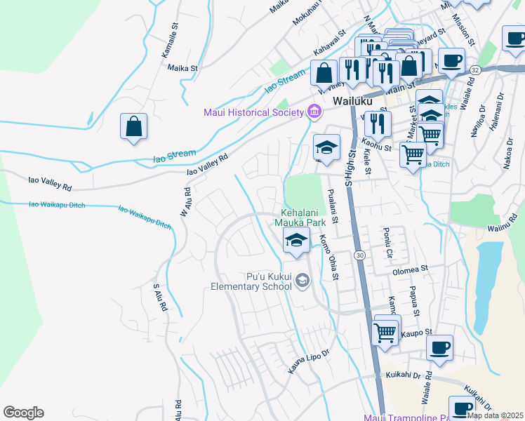 map of restaurants, bars, coffee shops, grocery stores, and more near 139 Naulu Street in Wailuku