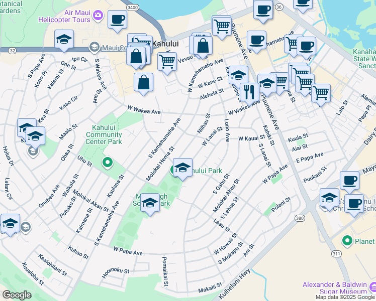 map of restaurants, bars, coffee shops, grocery stores, and more near 295 Niihau Street in Kahului