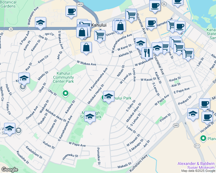 map of restaurants, bars, coffee shops, grocery stores, and more near 306 Niihau Street in Kahului