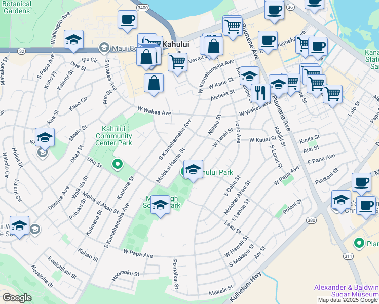 map of restaurants, bars, coffee shops, grocery stores, and more near 314 Niihau Street in Kahului