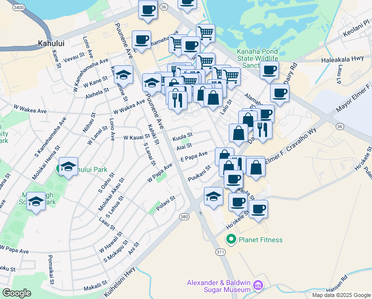 map of restaurants, bars, coffee shops, grocery stores, and more near 38 Aiai Street in Kahului
