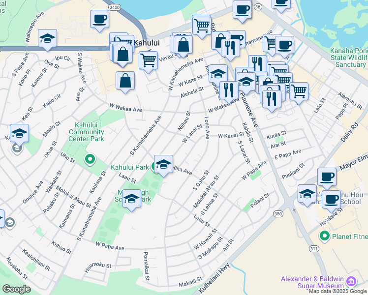 map of restaurants, bars, coffee shops, grocery stores, and more near 246 West Kauai Street in Kahului