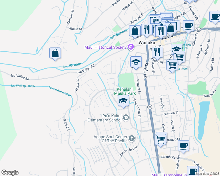 map of restaurants, bars, coffee shops, grocery stores, and more near 224 Kili'o'opu Street in Wailuku