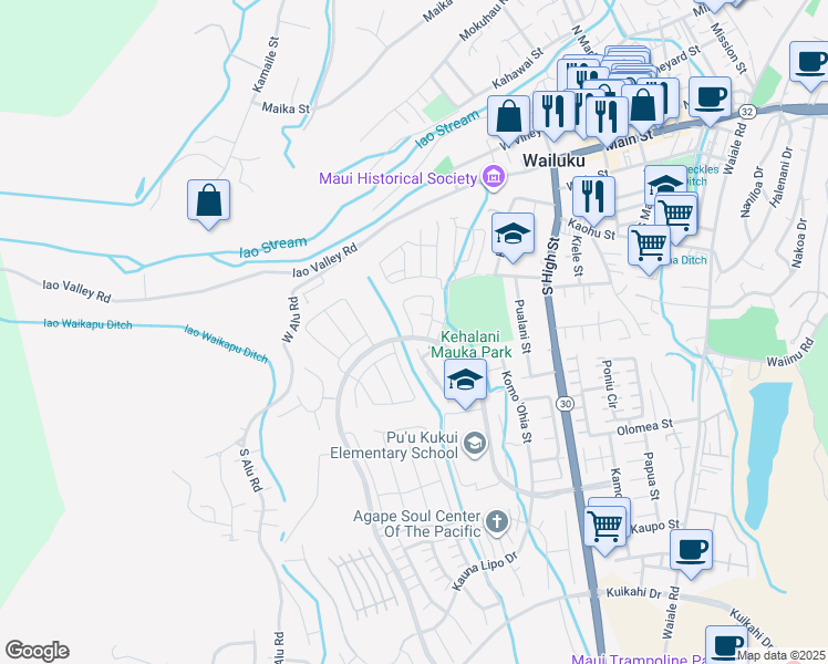 map of restaurants, bars, coffee shops, grocery stores, and more near 136 Naulu Street in Wailuku