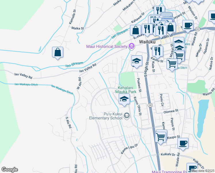 map of restaurants, bars, coffee shops, grocery stores, and more near 156 Kili'o'opu Street in Wailuku