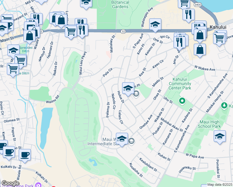 map of restaurants, bars, coffee shops, grocery stores, and more near 312 Holua Drive in Kahului