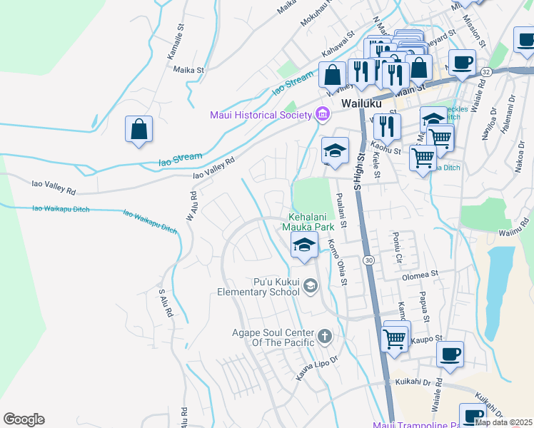 map of restaurants, bars, coffee shops, grocery stores, and more near 107 Puaehu Street in Wailuku