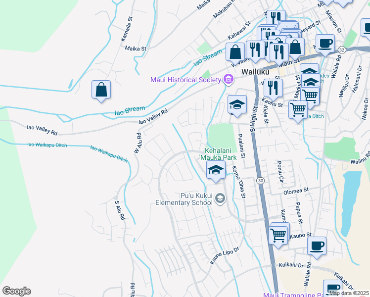 map of restaurants, bars, coffee shops, grocery stores, and more near 102 Naulu Street in Wailuku