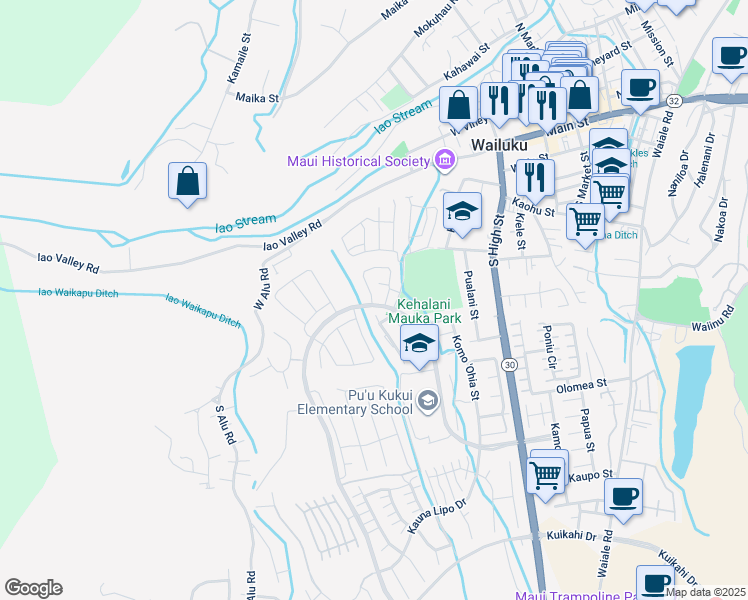 map of restaurants, bars, coffee shops, grocery stores, and more near 213 Kili'o'opu Street in Wailuku