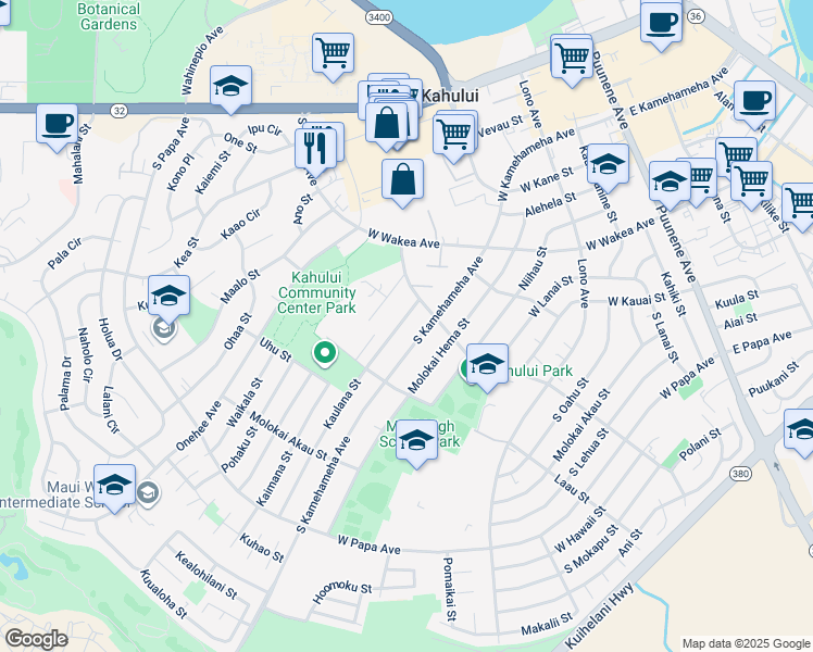 map of restaurants, bars, coffee shops, grocery stores, and more near 433 Kaulana Street in Kahului