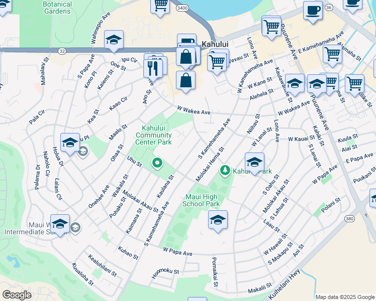 map of restaurants, bars, coffee shops, grocery stores, and more near 440 Kaulana Street in Kahului