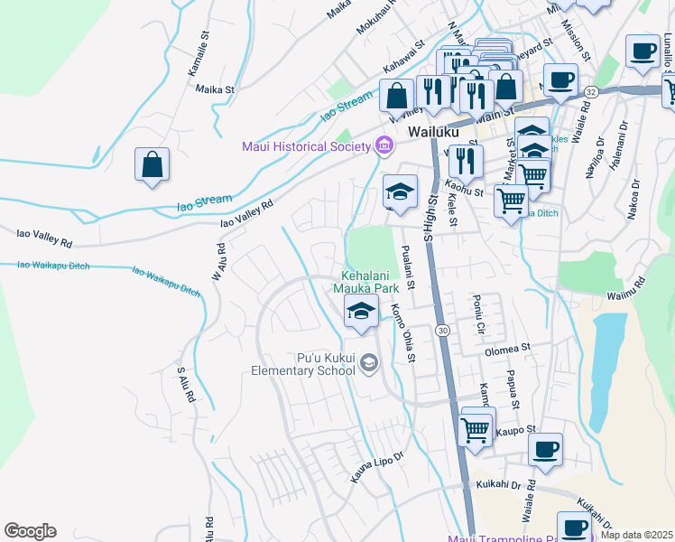 map of restaurants, bars, coffee shops, grocery stores, and more near 438 Puaehu Street in Wailuku