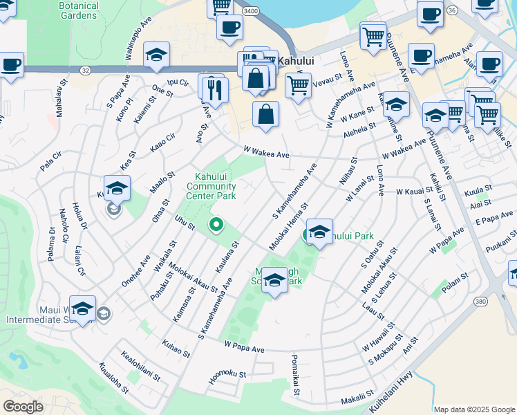 map of restaurants, bars, coffee shops, grocery stores, and more near 440 Kaulana Street in Kahului