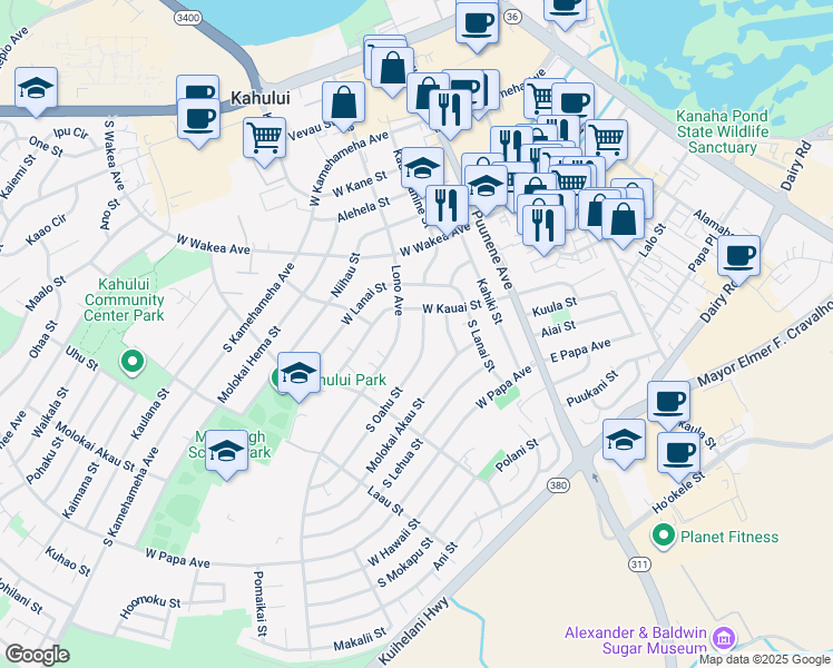 map of restaurants, bars, coffee shops, grocery stores, and more near 376 South Oahu Street in Kahului