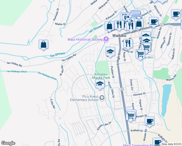 map of restaurants, bars, coffee shops, grocery stores, and more near 410 Puaehu Street in Wailuku