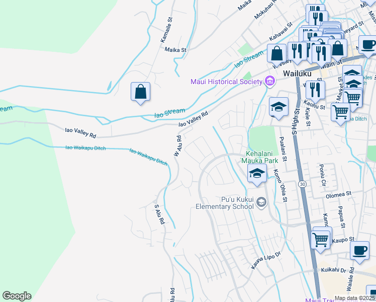 map of restaurants, bars, coffee shops, grocery stores, and more near 219 Kili'o'opu Street in Wailuku