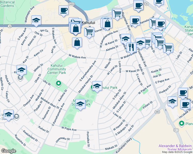 map of restaurants, bars, coffee shops, grocery stores, and more near 306 Niihau Street in Kahului