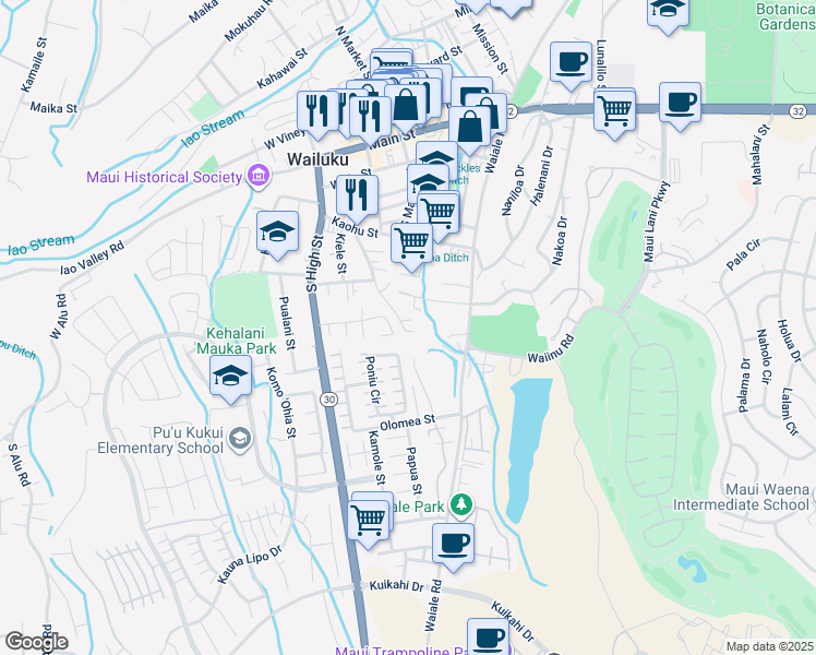 map of restaurants, bars, coffee shops, grocery stores, and more near 496 Kalua Road in Wailuku