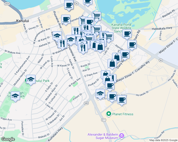 map of restaurants, bars, coffee shops, grocery stores, and more near 67 Aiai Street in Kahului