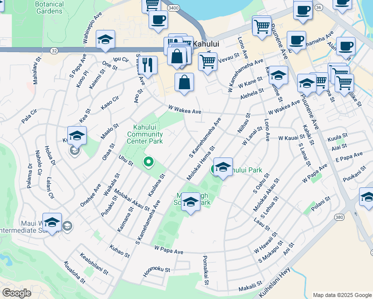 map of restaurants, bars, coffee shops, grocery stores, and more near 433 Kaulana Street in Kahului