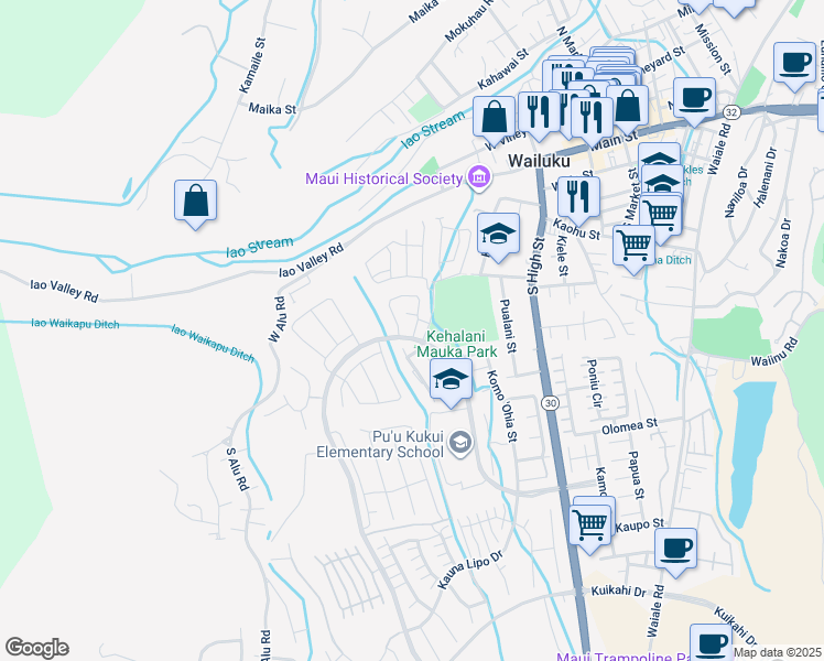 map of restaurants, bars, coffee shops, grocery stores, and more near 410 Puaehu Street in Wailuku