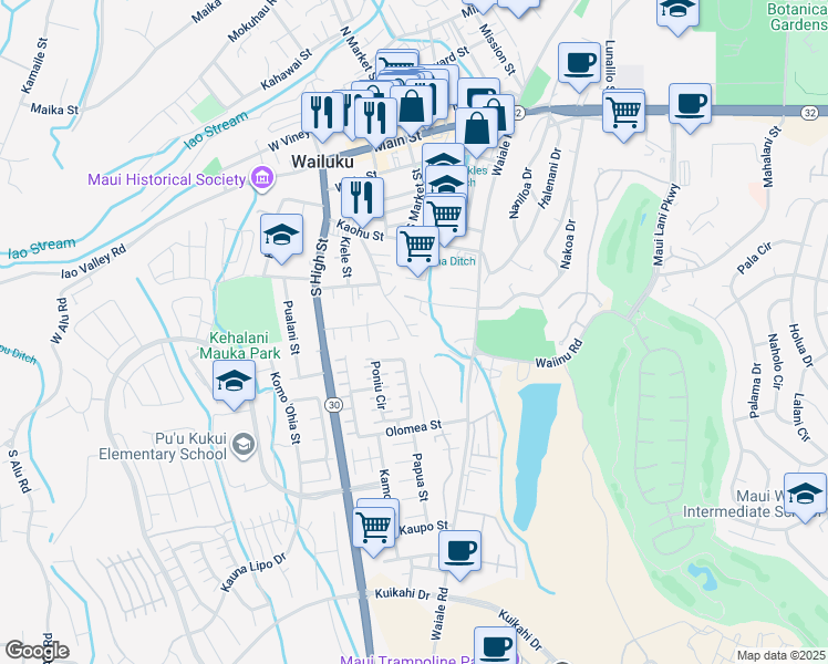 map of restaurants, bars, coffee shops, grocery stores, and more near 438 Poni Place in Wailuku