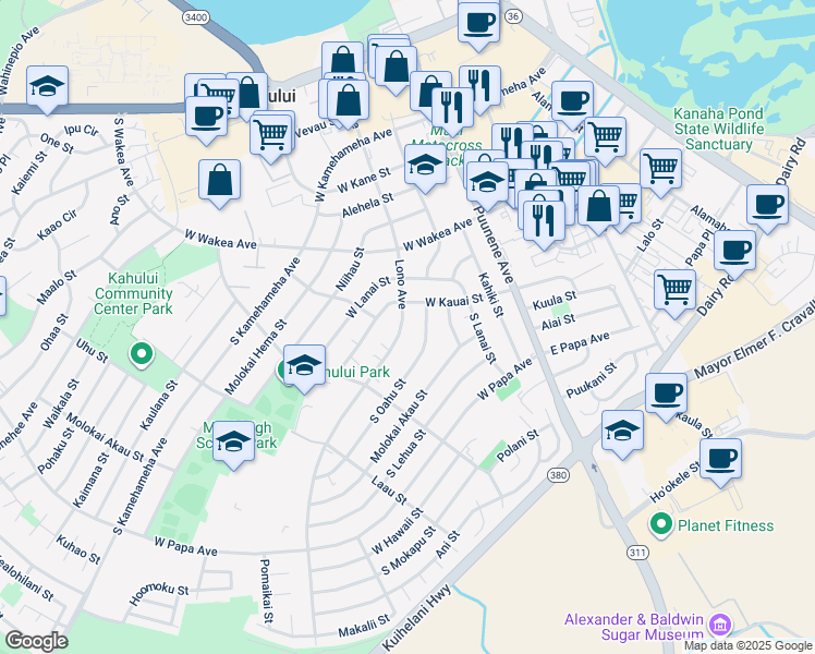 map of restaurants, bars, coffee shops, grocery stores, and more near 371 Lono Avenue in Kahului