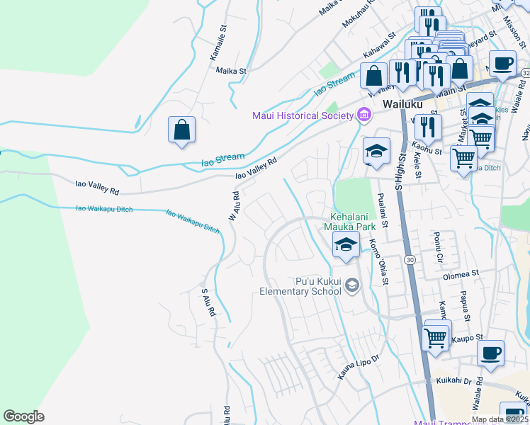 map of restaurants, bars, coffee shops, grocery stores, and more near Naulu Street in Wailuku