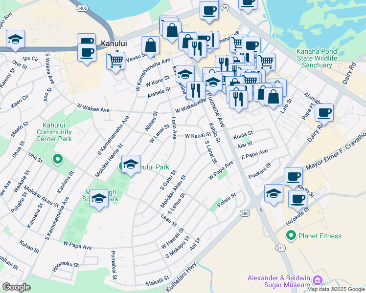 map of restaurants, bars, coffee shops, grocery stores, and more near 376 South Oahu Street in Kahului