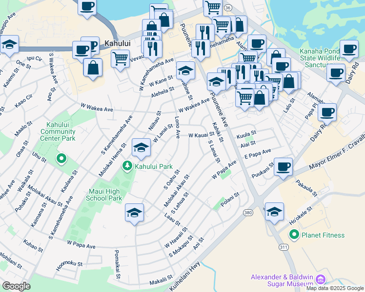 map of restaurants, bars, coffee shops, grocery stores, and more near 371 Lono Avenue in Kahului