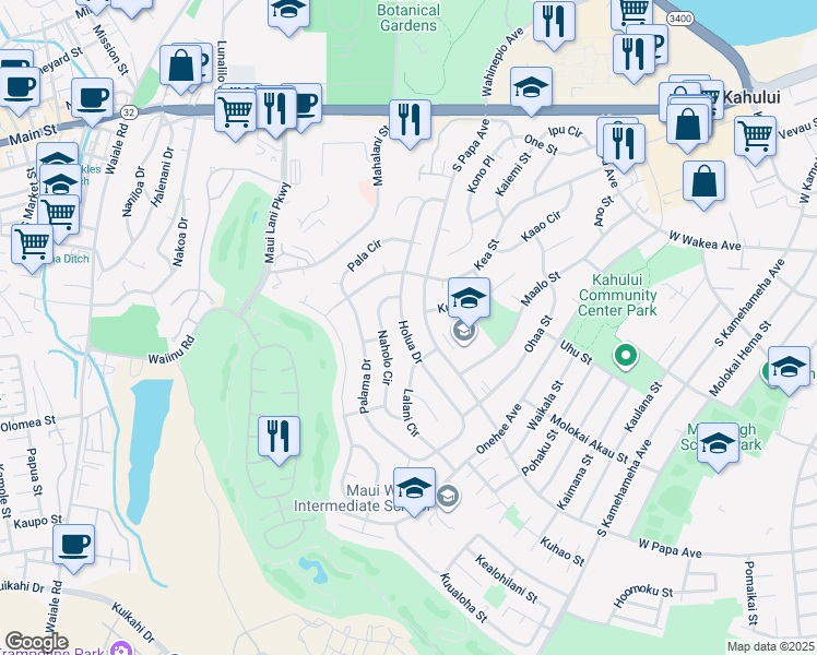 map of restaurants, bars, coffee shops, grocery stores, and more near 282 South Papa Avenue in Kahului