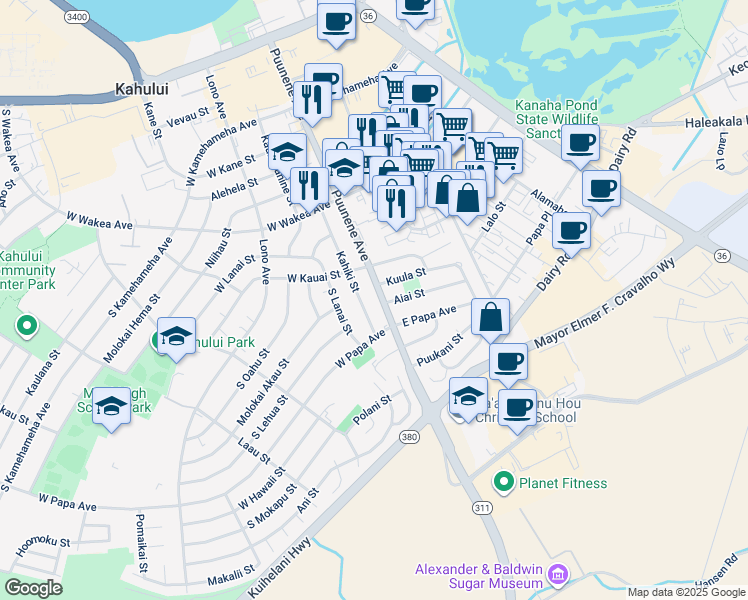 map of restaurants, bars, coffee shops, grocery stores, and more near 412 Puunene Avenue in Kahului