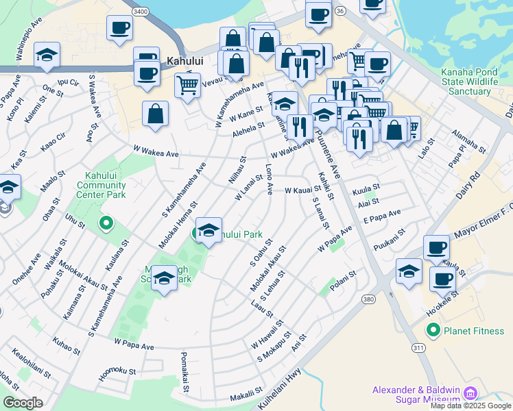 map of restaurants, bars, coffee shops, grocery stores, and more near 201 West Kauai Street in Kahului