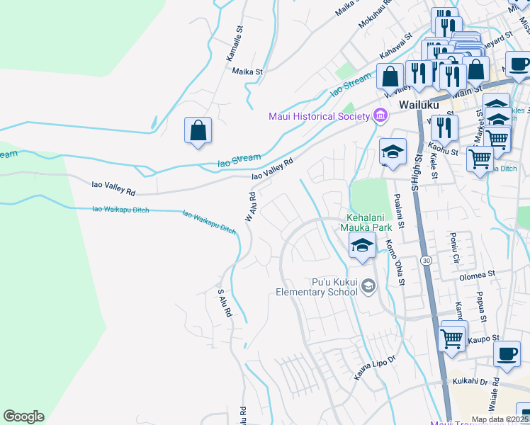 map of restaurants, bars, coffee shops, grocery stores, and more near 219 Kili'o'opu Street in Wailuku