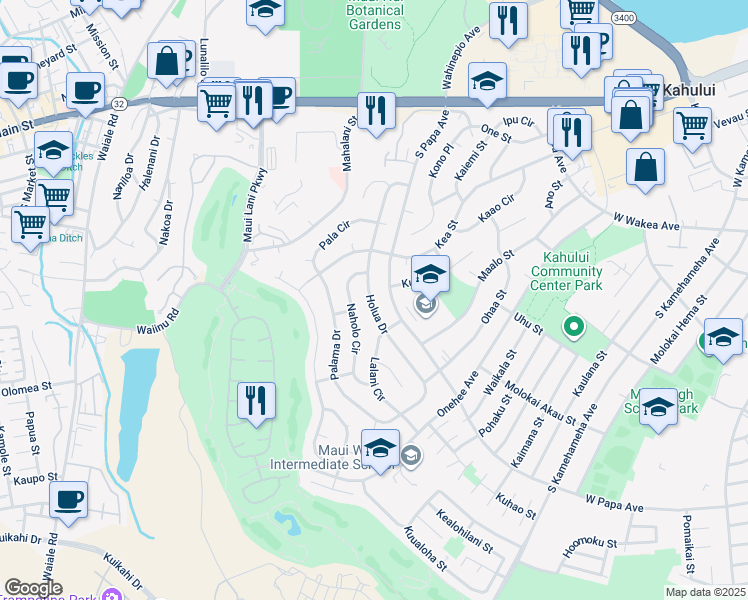 map of restaurants, bars, coffee shops, grocery stores, and more near 315 Holua Drive in Kahului
