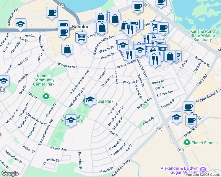 map of restaurants, bars, coffee shops, grocery stores, and more near 201 West Kauai Street in Kahului