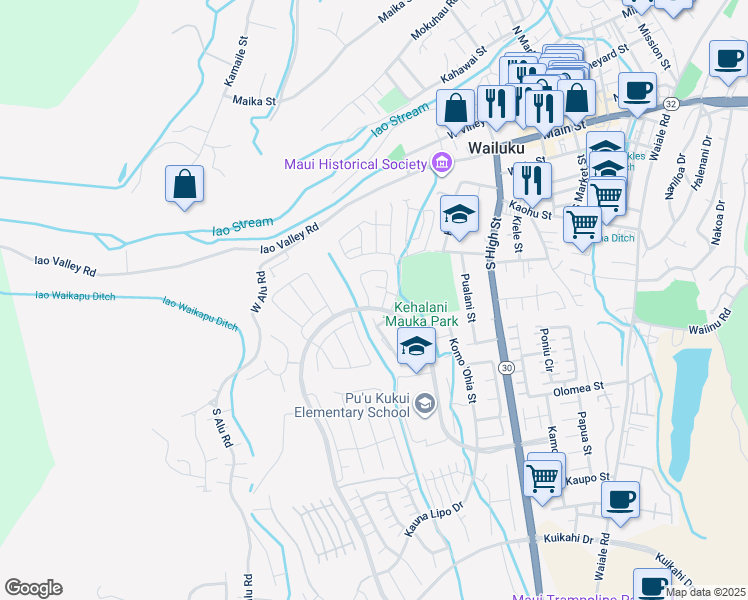map of restaurants, bars, coffee shops, grocery stores, and more near 114 Puaehu Street in Wailuku