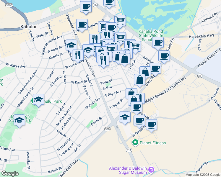 map of restaurants, bars, coffee shops, grocery stores, and more near 52 Aiai Street in Kahului