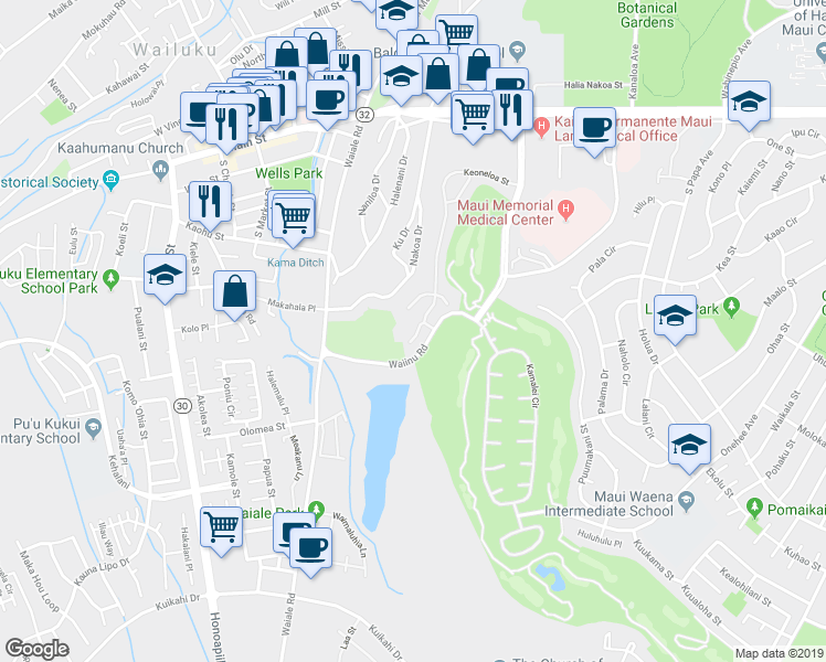 map of restaurants, bars, coffee shops, grocery stores, and more near 18 Onekea Place in Wailuku