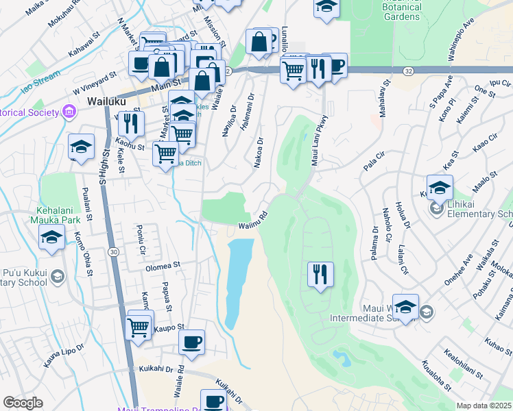 map of restaurants, bars, coffee shops, grocery stores, and more near 18 Onekea Place in Wailuku