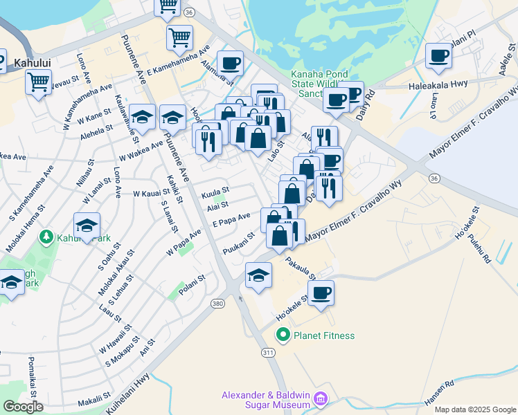 map of restaurants, bars, coffee shops, grocery stores, and more near 172 East Papa Avenue in Kahului