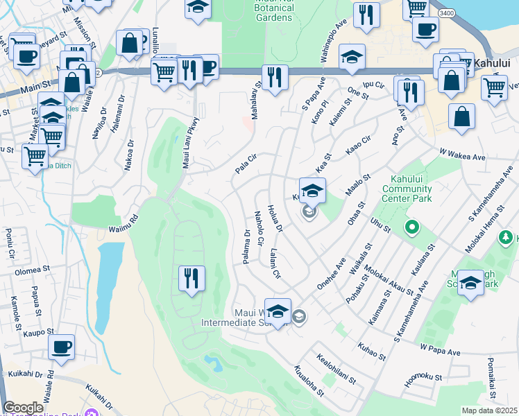 map of restaurants, bars, coffee shops, grocery stores, and more near 307 Naholo Circle in Kahului