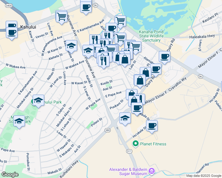 map of restaurants, bars, coffee shops, grocery stores, and more near 52 Aiai Street in Kahului