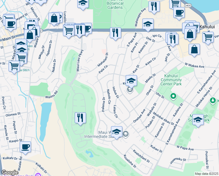 map of restaurants, bars, coffee shops, grocery stores, and more near 307 Naholo Circle in Kahului