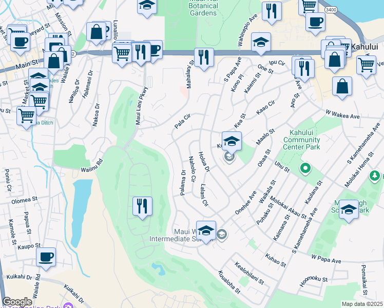 map of restaurants, bars, coffee shops, grocery stores, and more near 307 Naholo Circle in Kahului