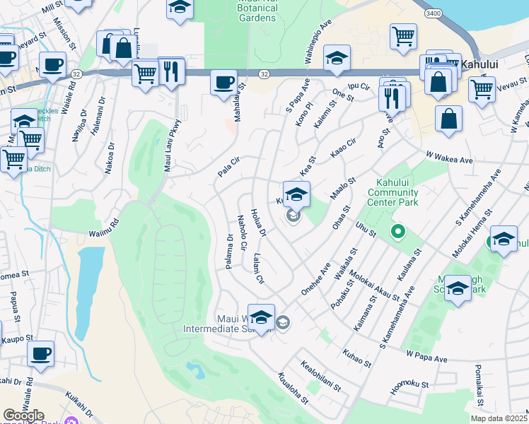 map of restaurants, bars, coffee shops, grocery stores, and more near 282 South Papa Avenue in Kahului