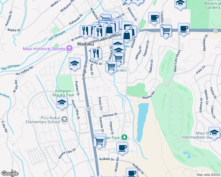 map of restaurants, bars, coffee shops, grocery stores, and more near 496 Kalua Road in Wailuku