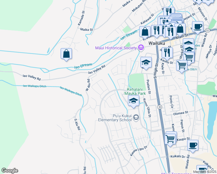 map of restaurants, bars, coffee shops, grocery stores, and more near 112 Kili'o'opu Street in Wailuku